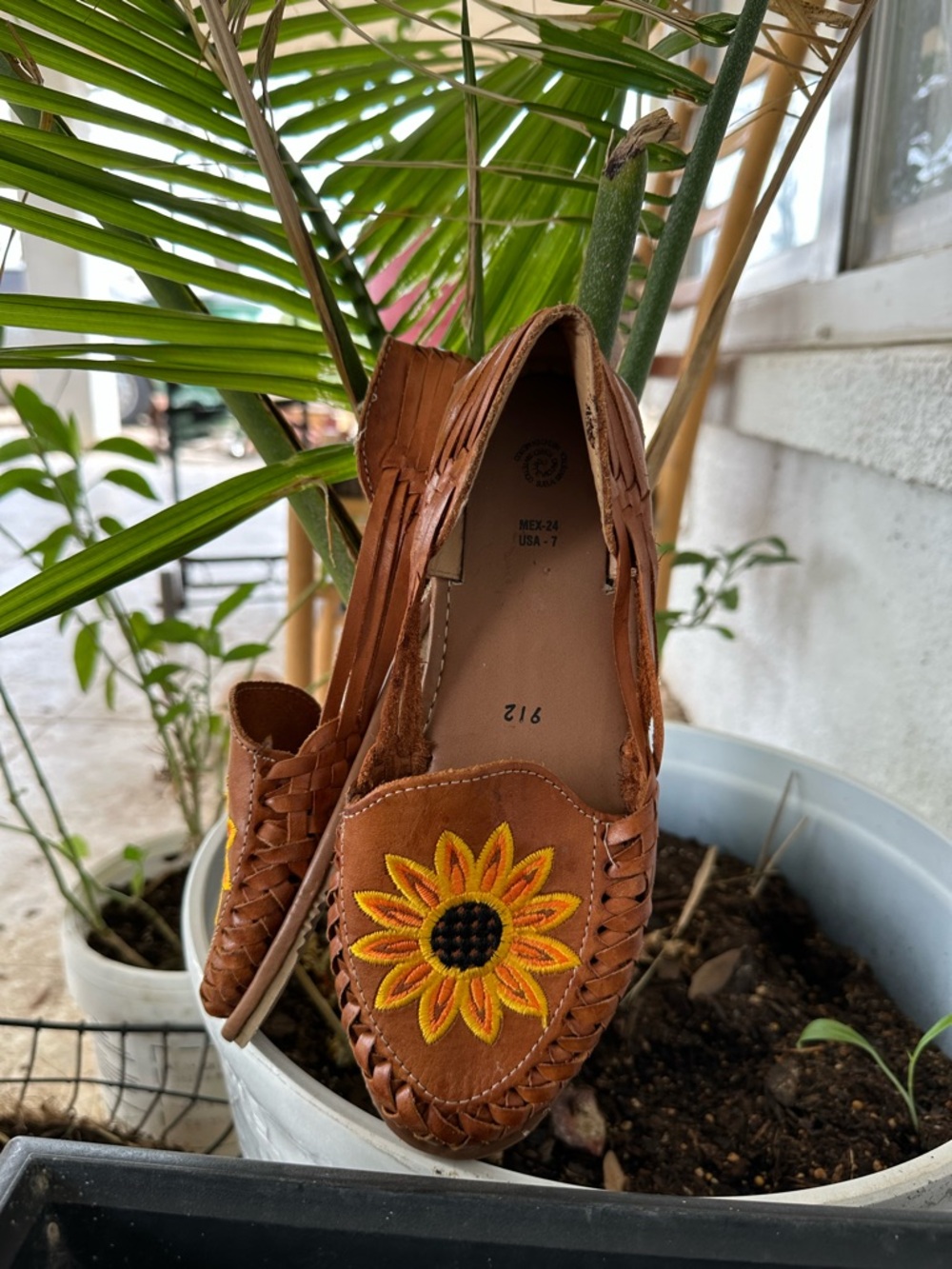 Handwoven Brown Leather Moccasins with Sunflower Embroidery - Women